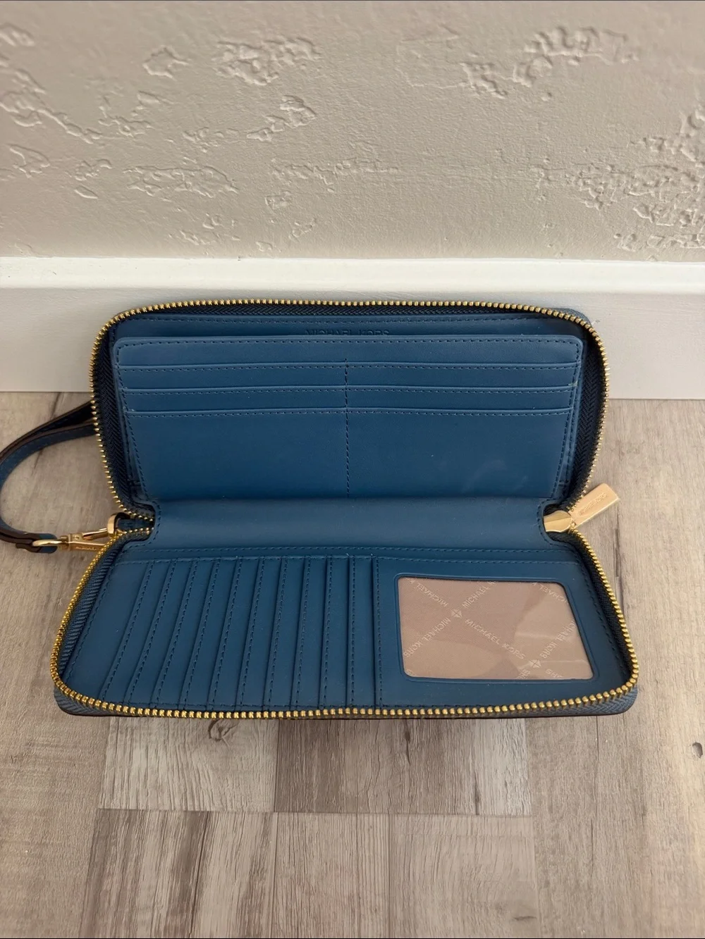 Michael Kors Blue Pebbled Leather Zip Wristlet Wallet with Gold Hardware